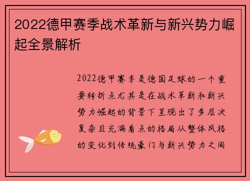 2022德甲赛季战术革新与新兴势力崛起全景解析