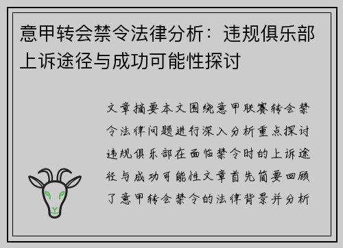 意甲转会禁令法律分析：违规俱乐部上诉途径与成功可能性探讨